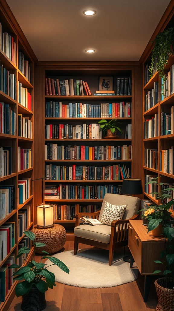 A small home library with wood shelves filled with books, a cozy chair, and plants.