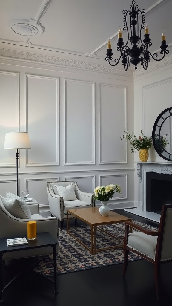 A cozy living room with light-colored walls, featuring elegant decor and soft furnishings.