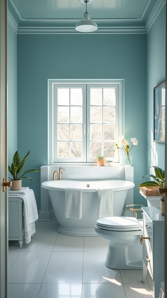 A serene bathroom painted in blue-green, featuring a freestanding tub, bright windows, and indoor plants.