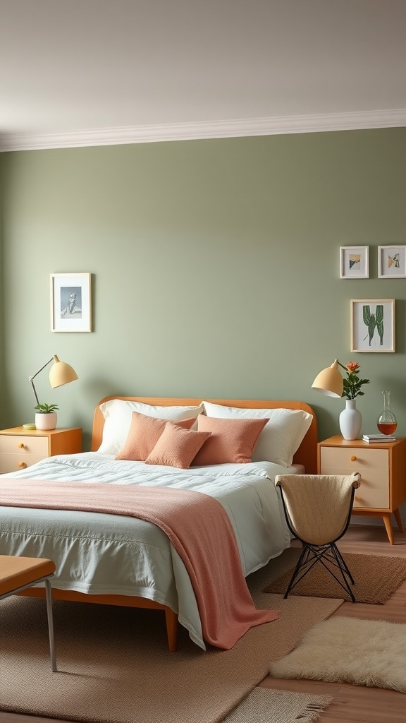 Chic retro bedroom featuring sage green walls, peach accents, and vintage furniture.