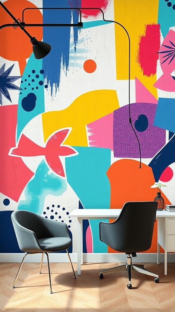 A vibrant office workspace featuring colorful artistic wallpaper with abstract shapes and modern furniture.