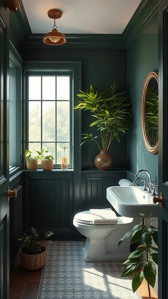 A small bathroom painted in dark green with natural light, plants, and modern fixtures.