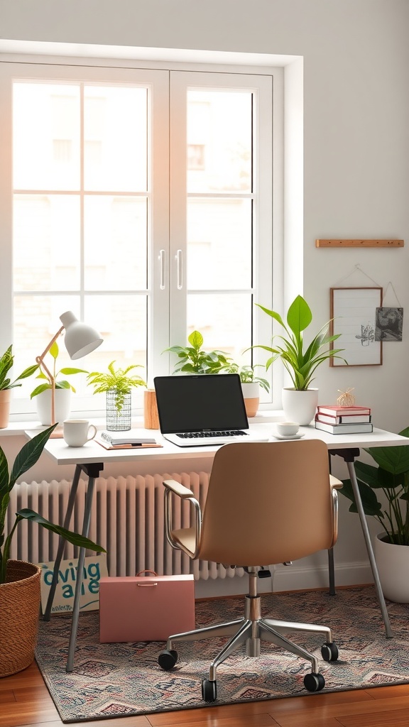 A cozy desk setup by a window with plants, a laptop, and a modern chair