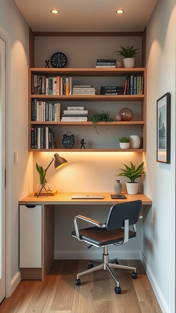 A small home office featuring a desk integrated into shelving, with books and plants displayed above.