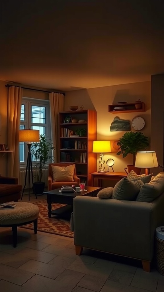 A cozy living room with soft lighting, featuring a comfortable sofa, warm lamps, and inviting decor.