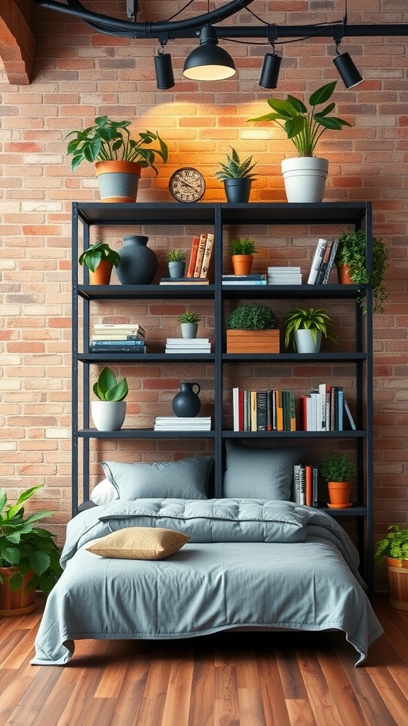 A modern industrial bedroom featuring a metal shelving unit filled with plants and books against a brick wall.