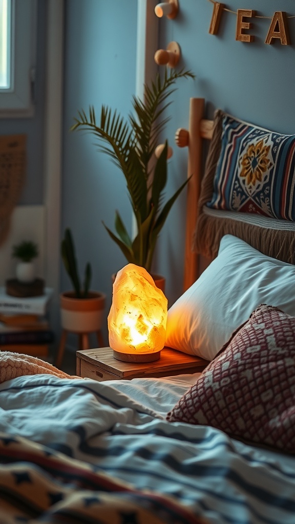 Cozy boho bedroom with a Himalayan salt lamp on a wooden bedside table, surrounded by colorful pillows and plants.