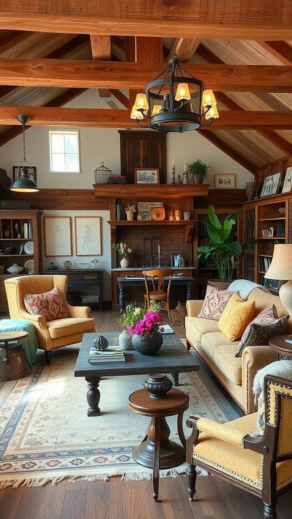 Cozy living room with wooden beams, eclectic furniture, and warm colors.