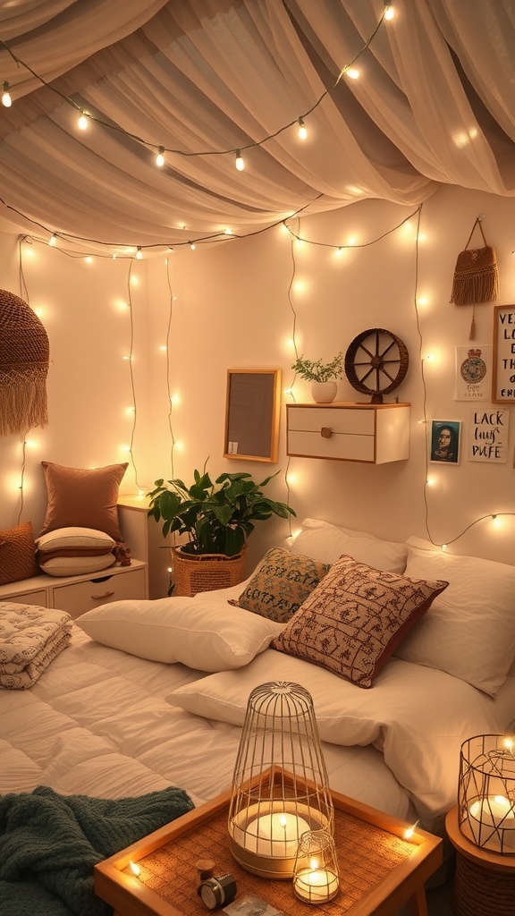 Cozy bedroom with white fairy lights, layered bedding, and natural decor elements.