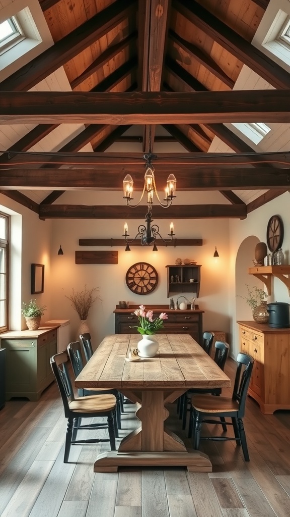 A cozy farmhouse dining room featuring exposed wooden beams and a large wooden table.