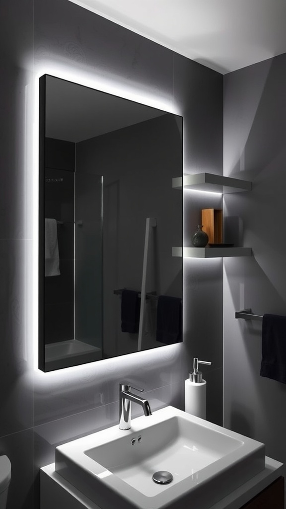 Bathroom with hidden LED strip lighting around a mirror