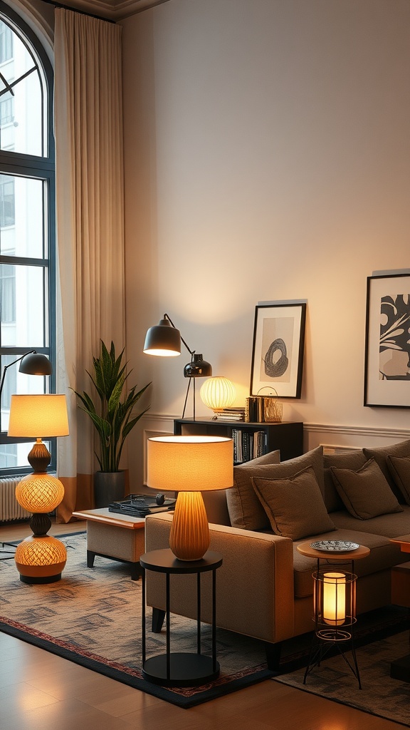 A cozy living room featuring multiple floor lamps, showcasing different designs and providing warm lighting.