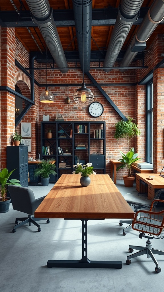 An industrial chic office featuring exposed brick walls, large wooden tables, and metal accents, with plants and natural light.