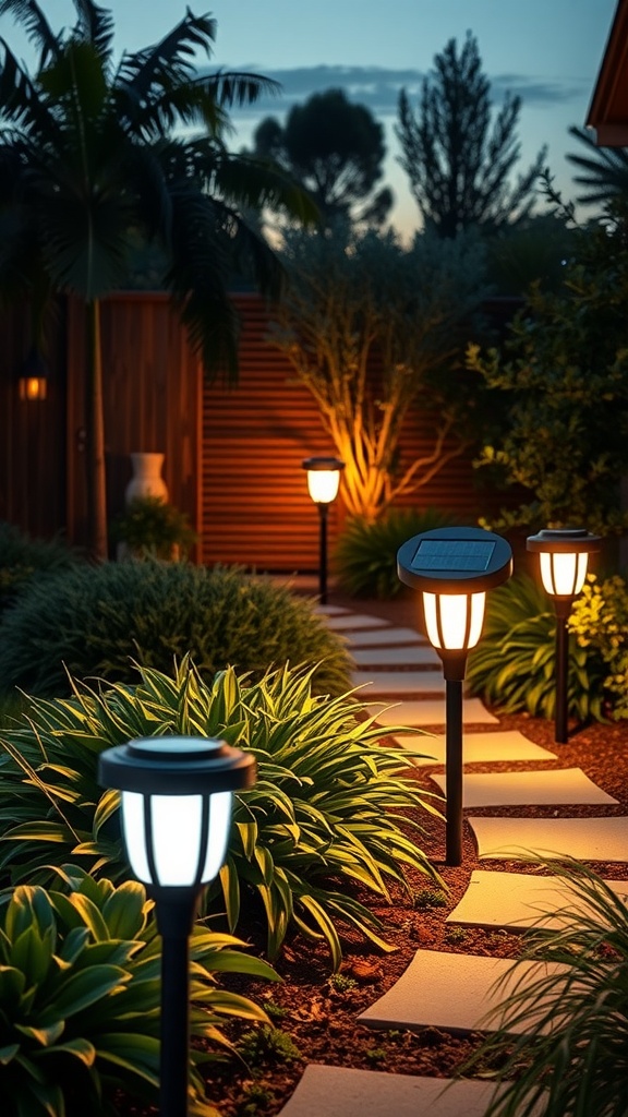 Innogear solar lights illuminating a garden path at night