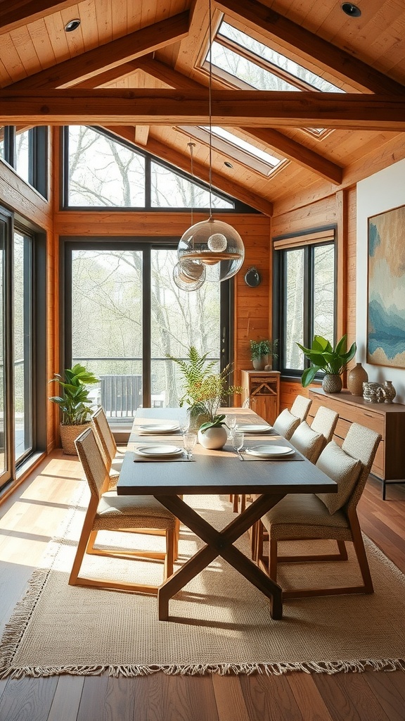 A modern cottage core dining room featuring a wooden table, comfortable chairs, and large windows allowing natural light.