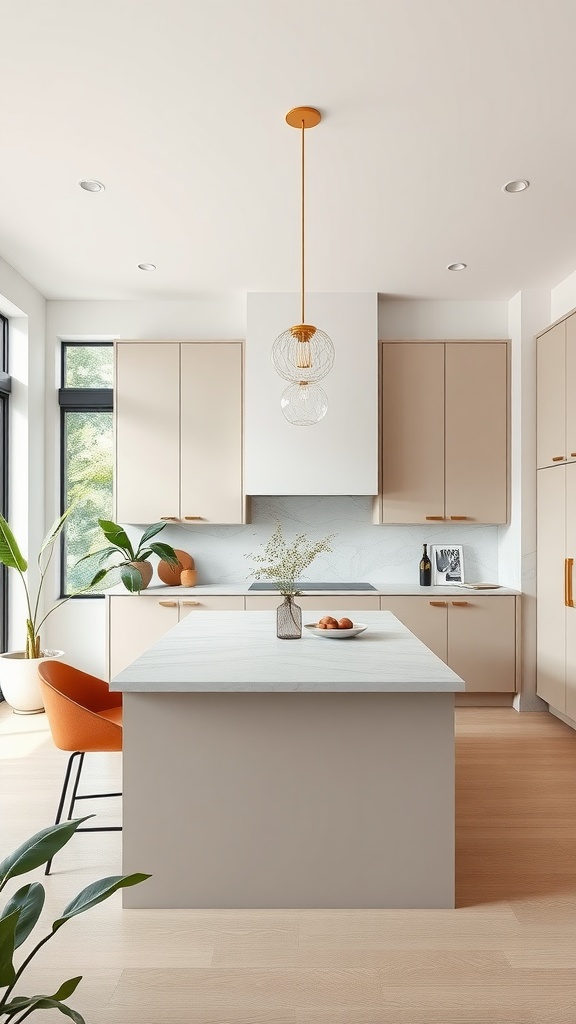 A modern kitchen with neutral tones, featuring sleek cabinetry, a stylish pendant light, and a warm wood floor.