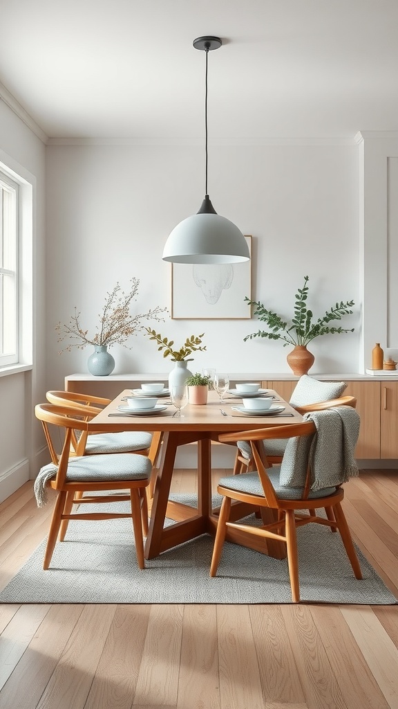 A chic Nordic-inspired dining room featuring a wooden table and chairs, potted plants, and a pendant lamp.