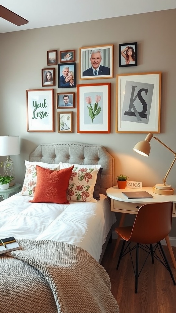 A well-decorated guest bedroom with a home office setup, featuring framed photos, a cozy bed, and a stylish desk.
