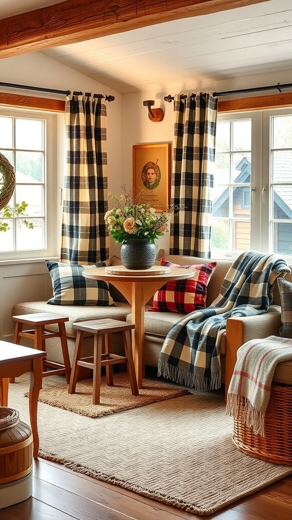 Modern farmhouse living room featuring plaid and checkered patterns on textiles with a cozy sofa and wooden furniture.