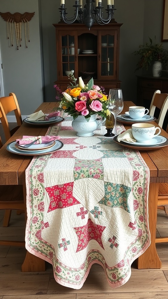 A cozy dining room table featuring a quilted table runner, floral centerpiece, and elegant table settings.