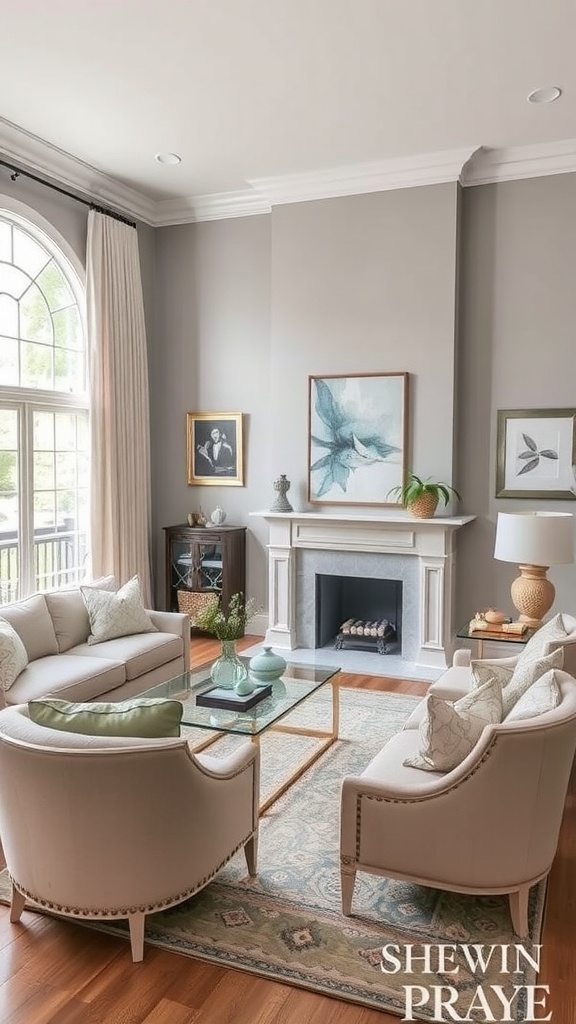 Cozy living room featuring Sherwin Williams Rare Gray with soft furniture and decorative accents