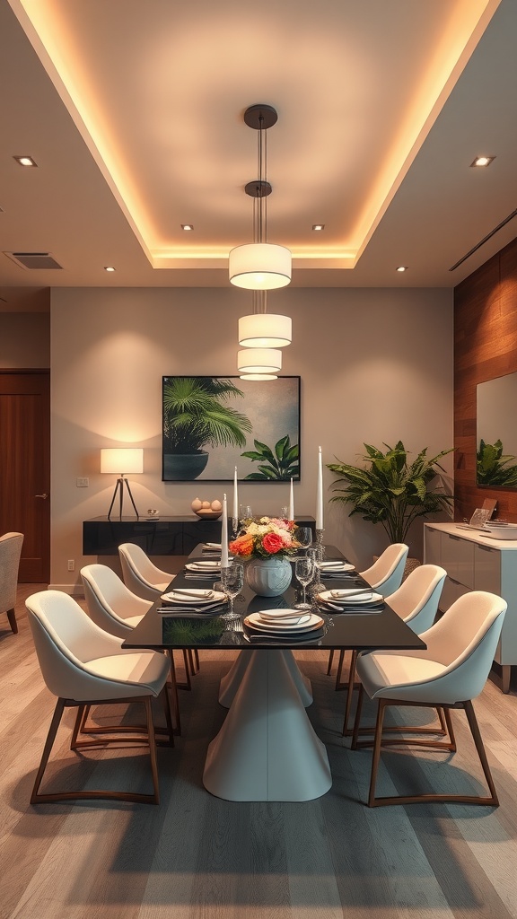 Modern dining room with recessed lighting and a stylish table setting
