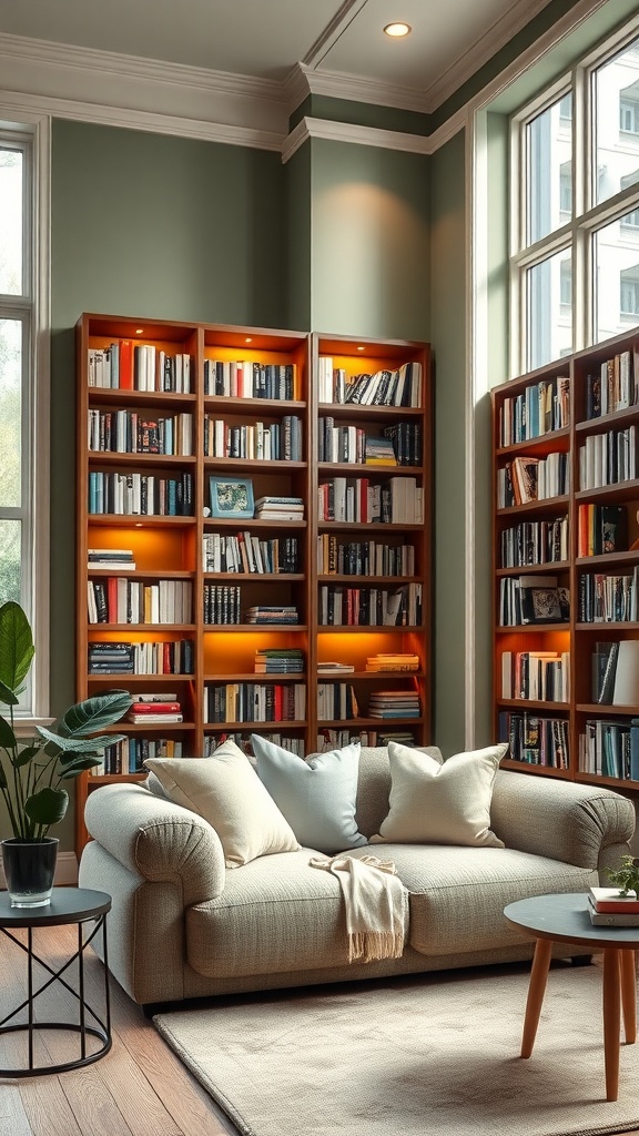 A cozy living room library with sage green walls, built-in bookshelves filled with books, a comfortable sofa, and a small side table.