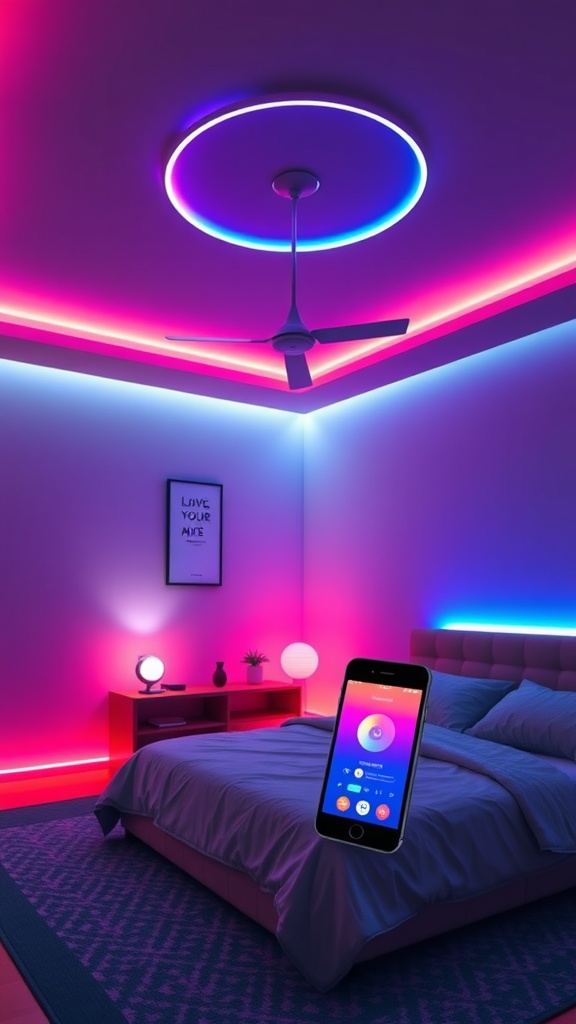 A cozy bedroom with vibrant LED lighting, showcasing a smartphone interface for light control.
