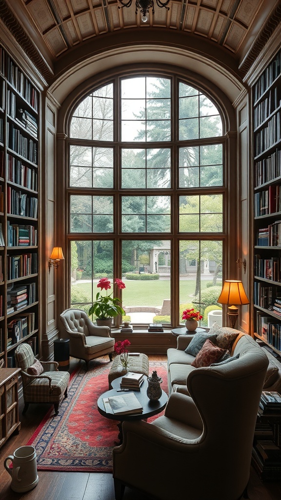 A spacious home library with large windows, comfortable seating, and vibrant decor.