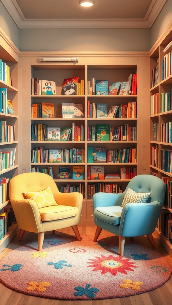 A bright and cozy reading nook featuring two colorful chairs, surrounded by bookshelves.