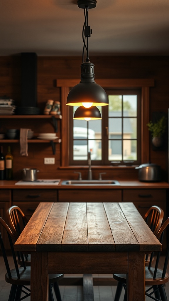 A cozy kitchen with a dimmable pendant light illuminating a wooden table.