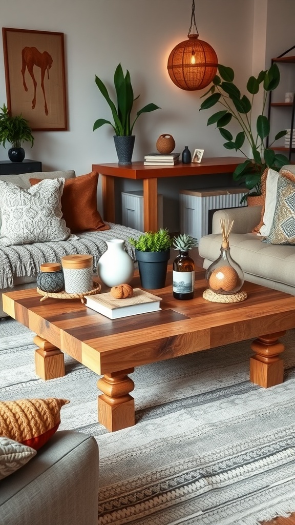 Wood coffee table in a cozy Boho living room with decorative items and plants.