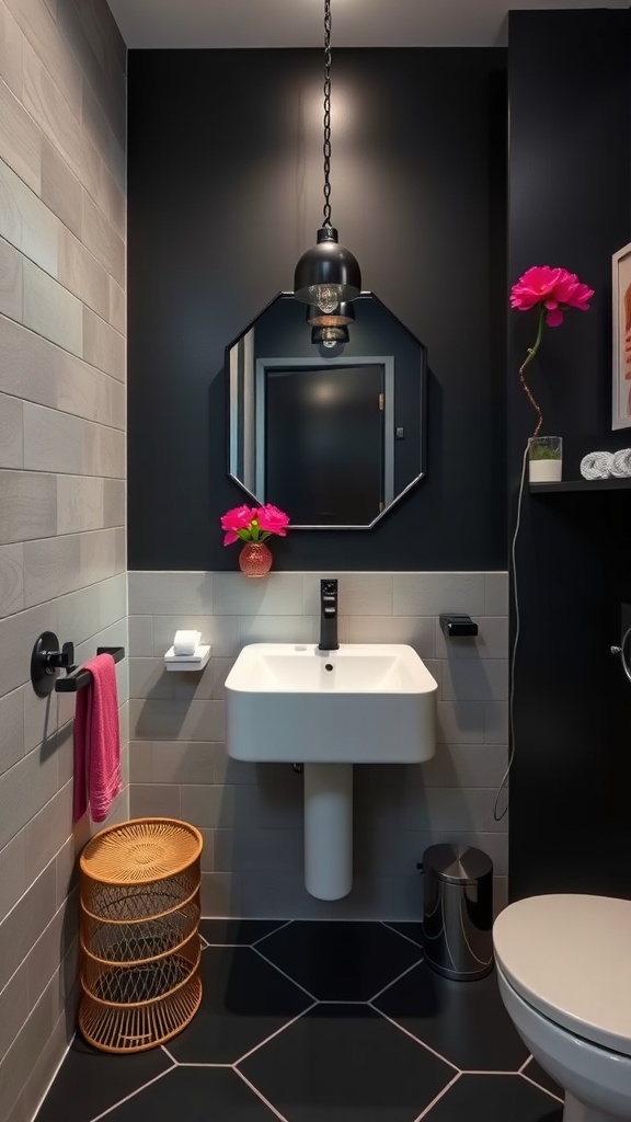 A modern bathroom featuring a black accent wall, light gray tiles, and vibrant decor items.