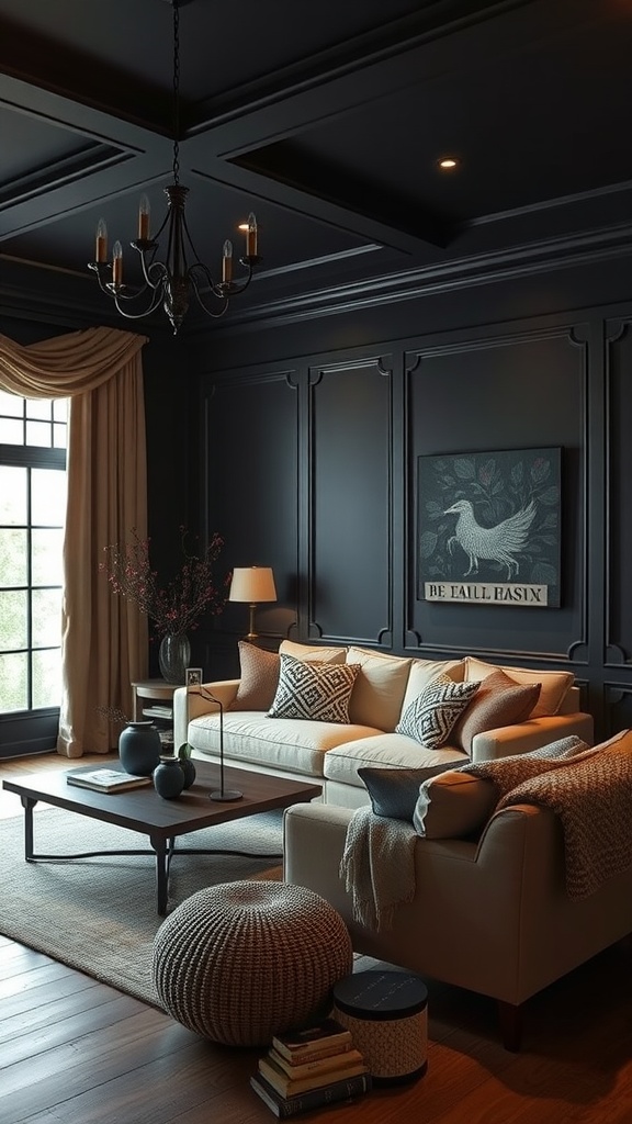 A cozy dark room featuring Benjamin Moore Classic Gray walls, stylish furniture, and warm lighting.