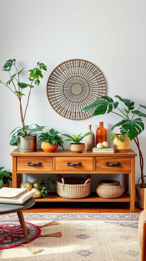 A wooden console table adorned with plants, vases, and decorative baskets, set against a light wall with circular wall decor.