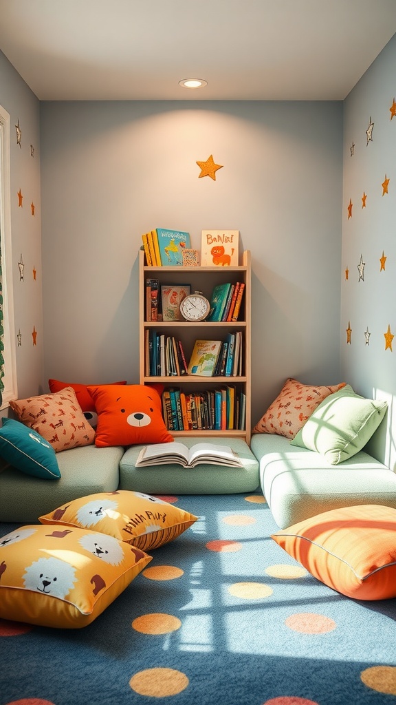 Cozy carpeted reading nook for kids with cushions and bookshelf.