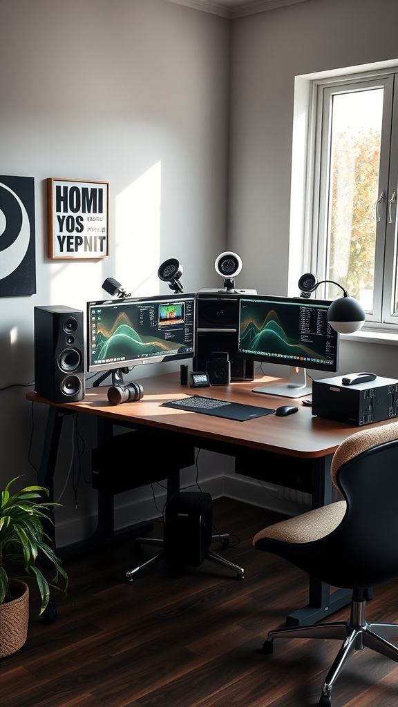 A compact and organized workspace with dual monitors, speakers, and a plant.