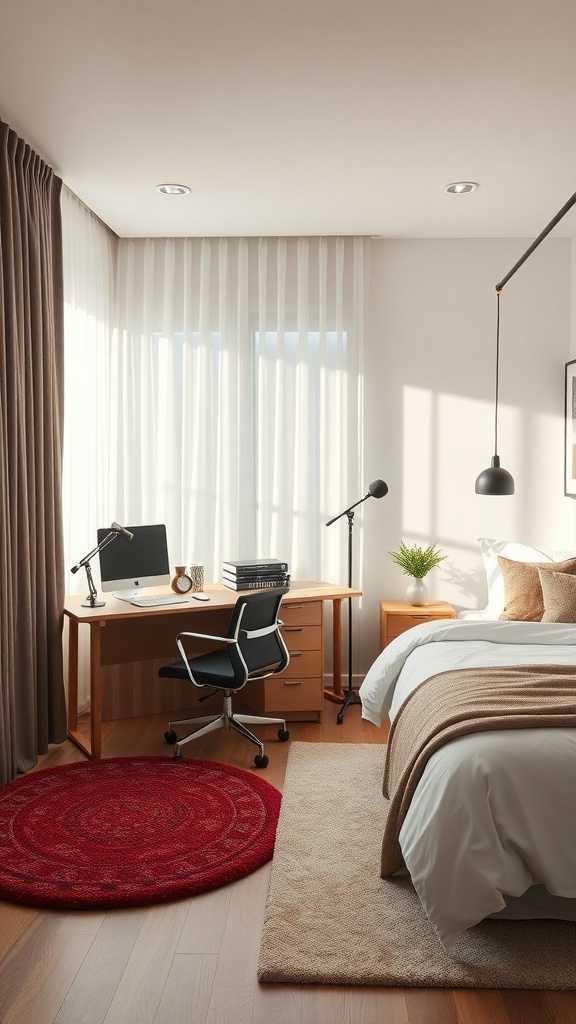 A cozy guest bedroom and home office combo featuring a desk, chair, bed, and soft furnishings.