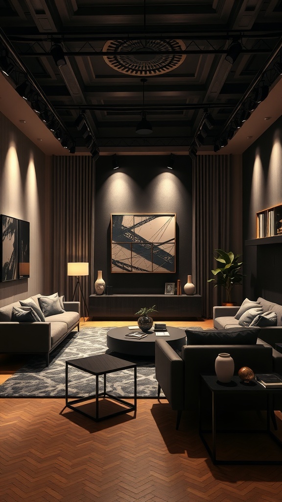 A stylish living room featuring spotlights highlighting artwork and creating a dramatic effect.