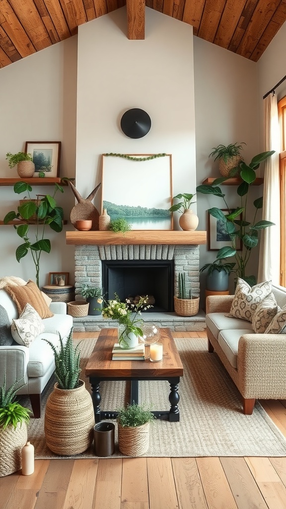 Cozy rustic farmhouse living room with plants, a fireplace, and soft furnishings.