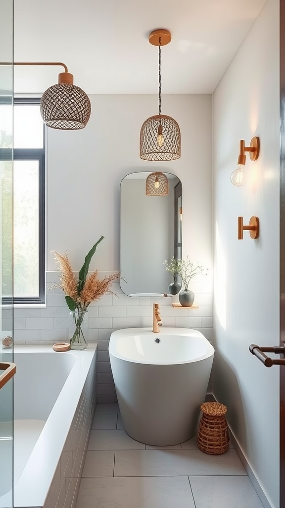 A modern bathroom featuring eco-friendly woven pendant lights, a sleek bathtub, and natural decor.