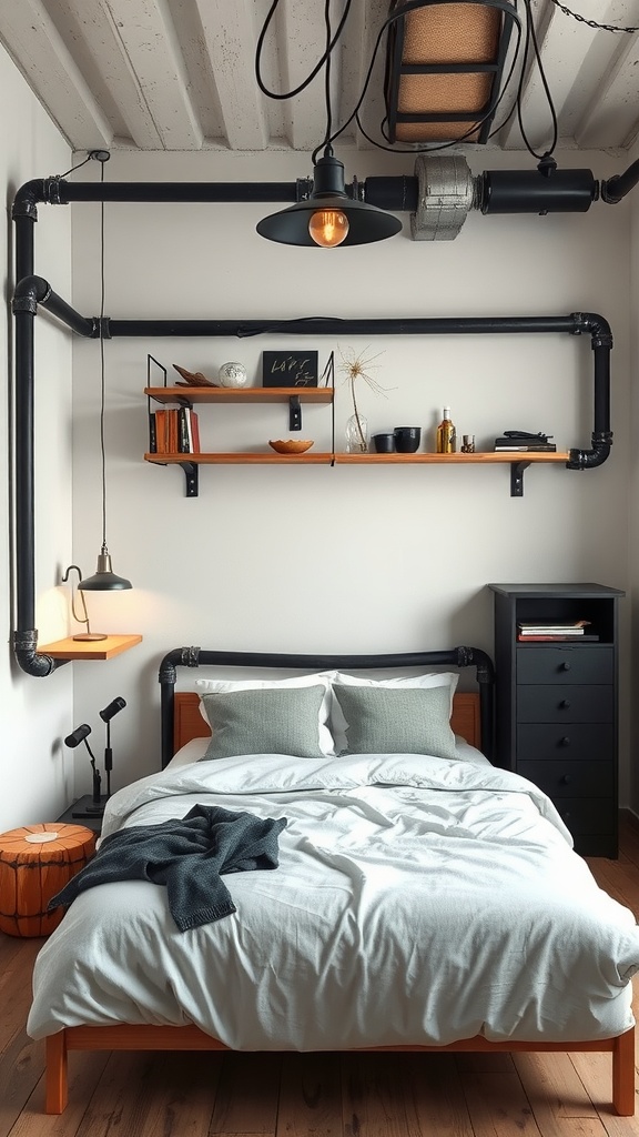 Modern industrial bedroom featuring exposed black pipes, wooden shelves, and warm lighting.