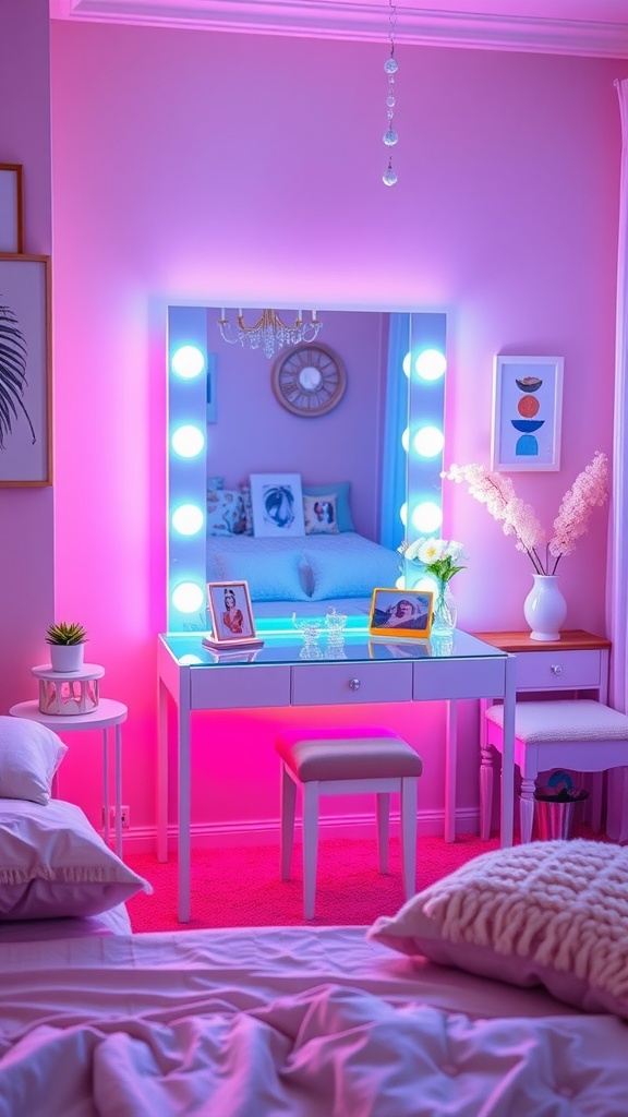 A stylish vanity setup with LED lights, a mirror, and pink walls, creating a warm atmosphere.