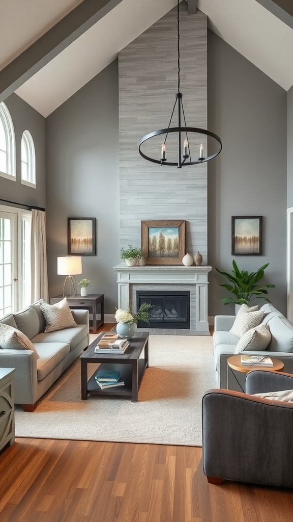 A stylish living room featuring Gray Shingle paint on the walls, showcasing a modern design with a stone fireplace and comfortable furniture.