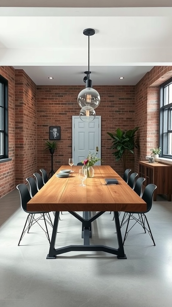 A stylish industrial dining room with a wooden table, black chairs, and exposed brick walls.