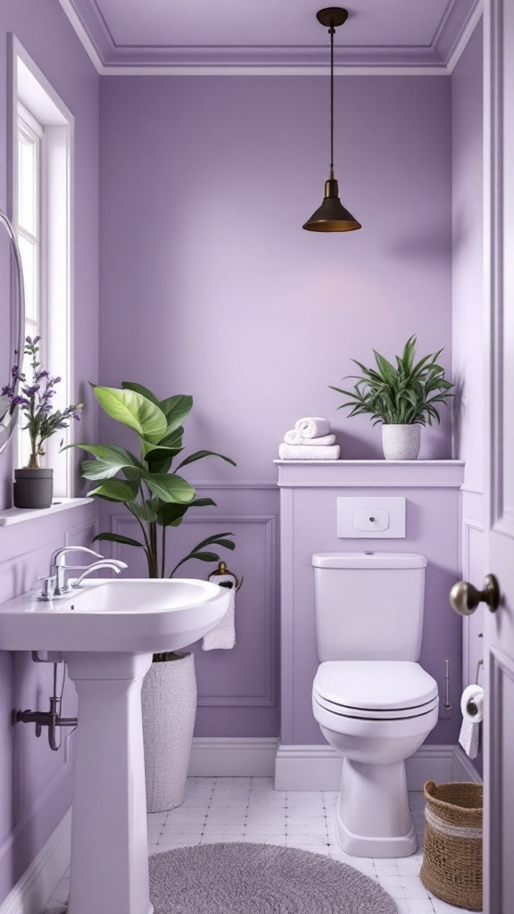 Small bathroom painted in light purple with a bathtub, plants, and a round mirror