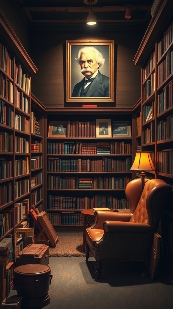 A cozy library with wooden shelves filled with books, a comfortable armchair, and a portrait on the wall.