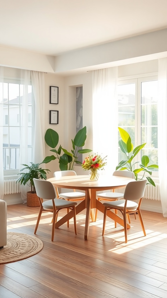 Bright living room-dining room combo with large windows, plants, and a round dining table