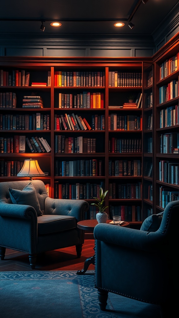 A cozy midnight blue reading room with bookshelves, comfortable chairs, and warm lighting.