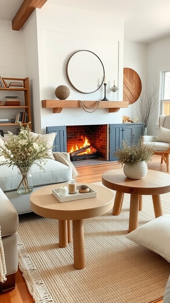 A cozy living room featuring natural wood side tables, a fireplace, and neutral decor.